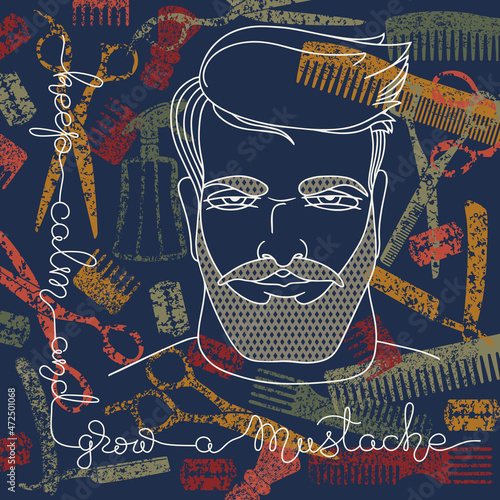 Portrait of a man with barber tools. Outline vector illustration.