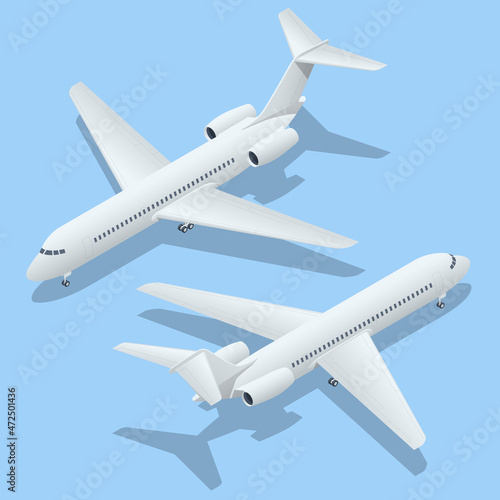 Isometric Airplanes on Blue Background. Industrial Blueprint of Airplane. Airliner in Top Airplane MD-90