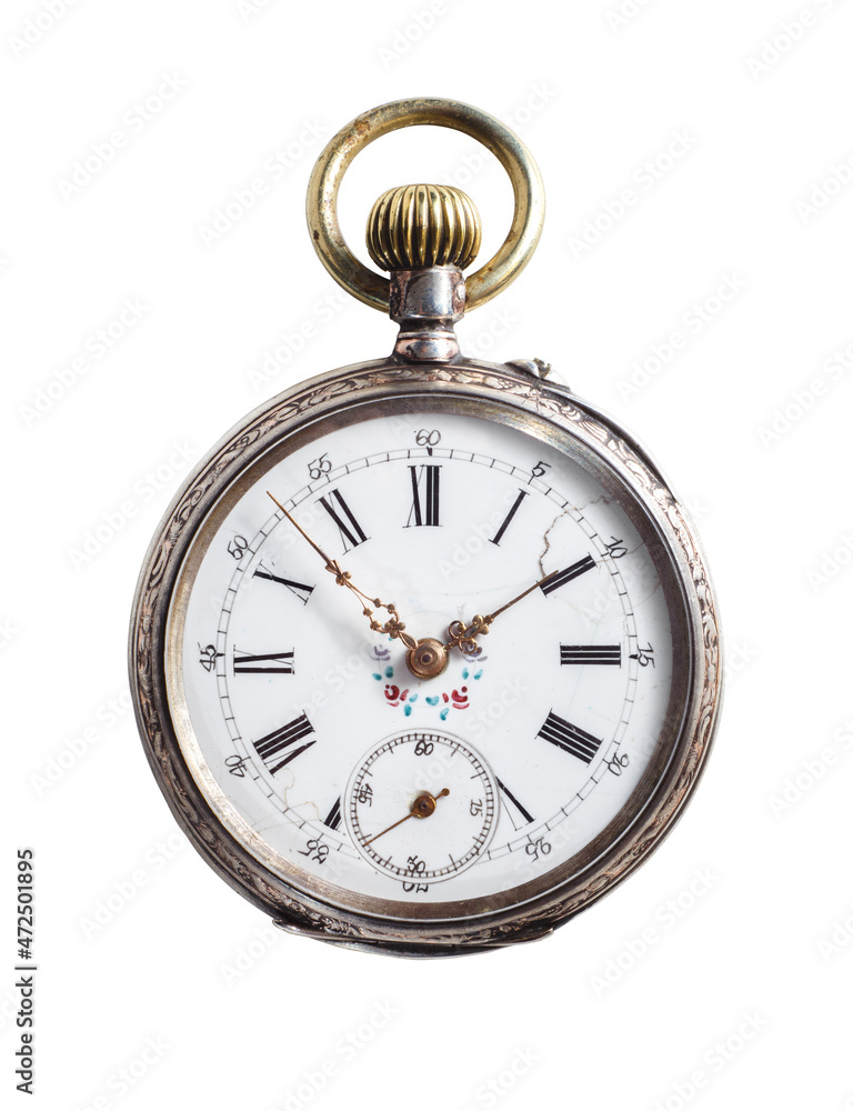 Silver antique pocket watch isolated on a white background. Clipping path included