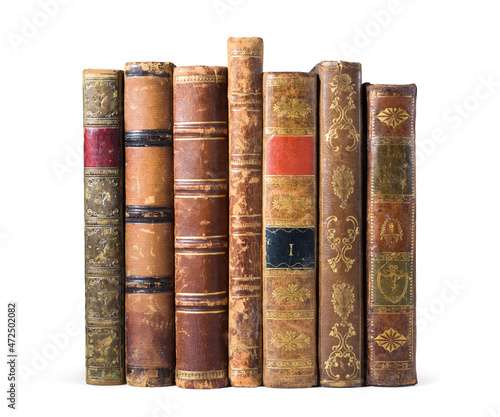 Set of antique books isolated on a white background. Very old book covers. Clipping path included