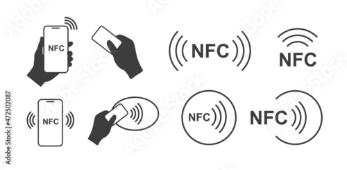 Nfc icon set. Contactless wireless pay sign. Phone and credit card touch. Vector illustration isolated on white background.