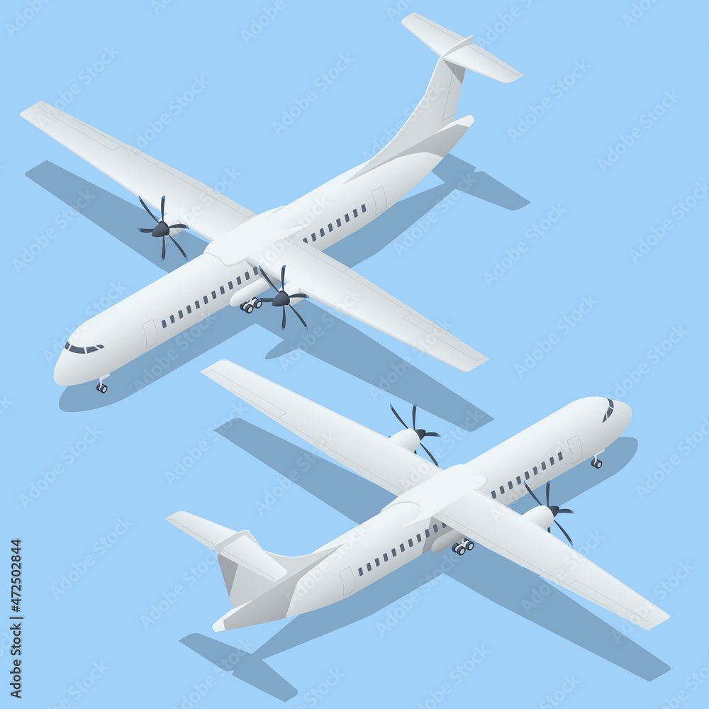 Isometric Airplanes on Blue Background. Turboprop Regional airliner. Industrial Blueprint of Airplane. Airliner ATR 42 in Top