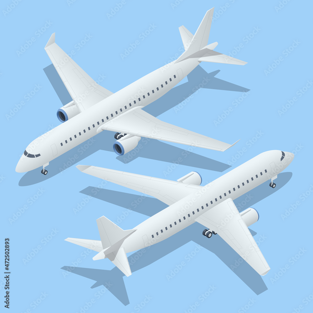 Isometric Airplanes on Blue Background. Industrial Blueprint of Airplane. Airliner in Top. Airplane E-Jet