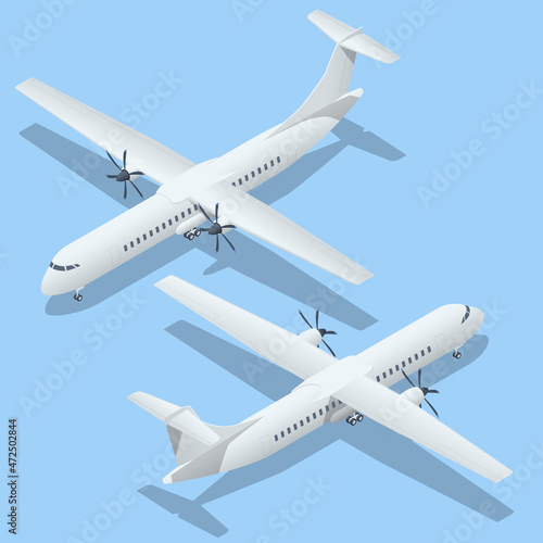 Isometric Airplanes on Blue Background. Turboprop Regional airliner. Industrial Blueprint of Airplane. Airliner ATR 42 in Top photo