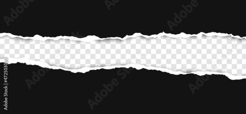 Realistic, torn, ripped strip of dark grey paper with a light shadow on a transparent background. Torn cardboard.