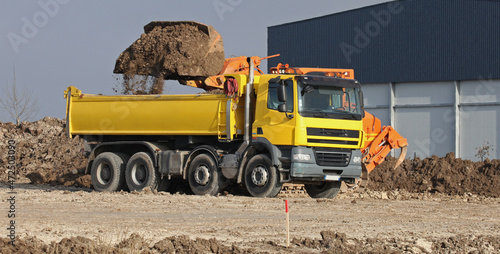 Принти на полотні Bulldozer qui charge de la terre dans un camion benne