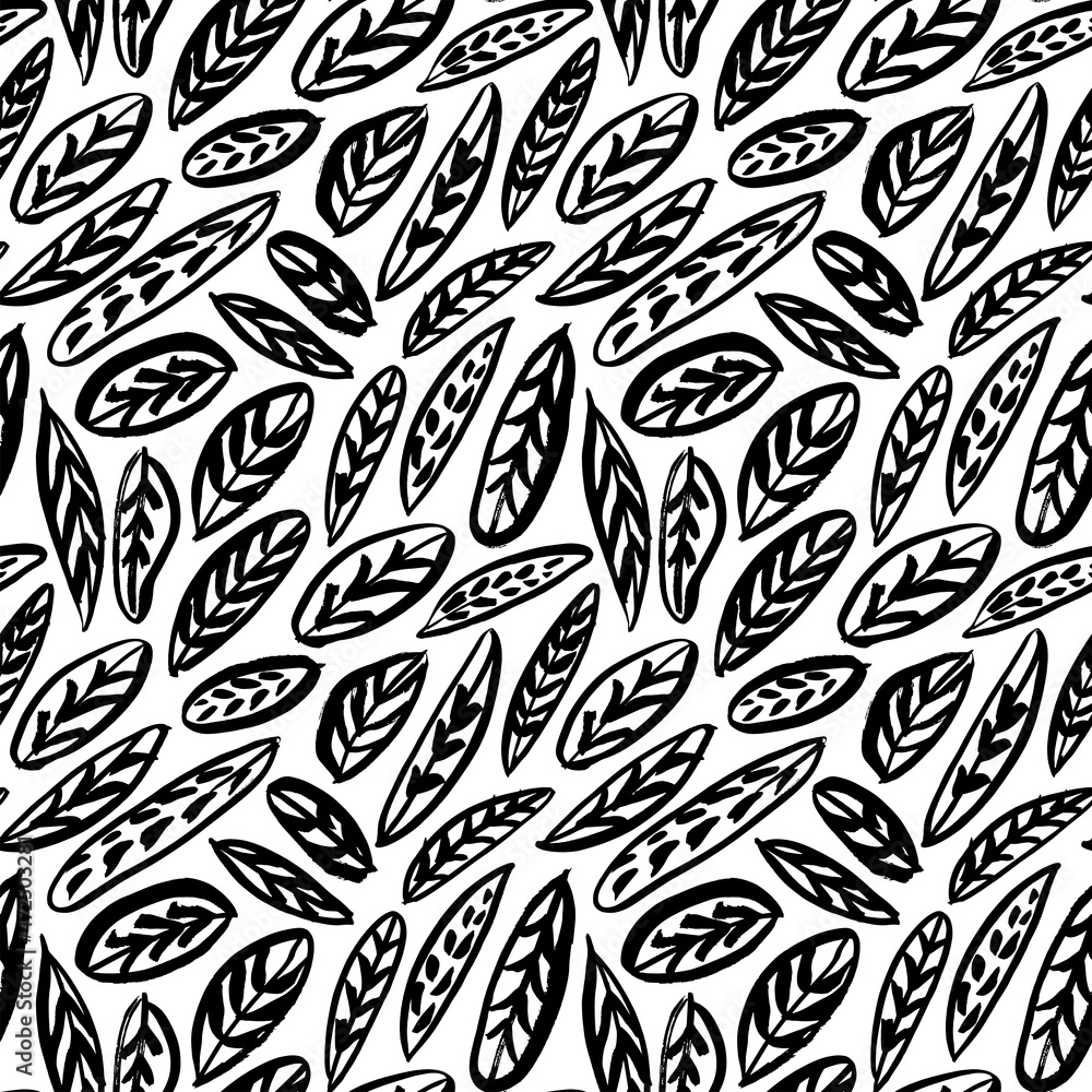 Doodle leaves vector seamless pattern. Hand drawn plants with ink and brush. Hand drawing with paint brush. Modern ornament with black cartoon leaves. Creative botanical cliparts. 