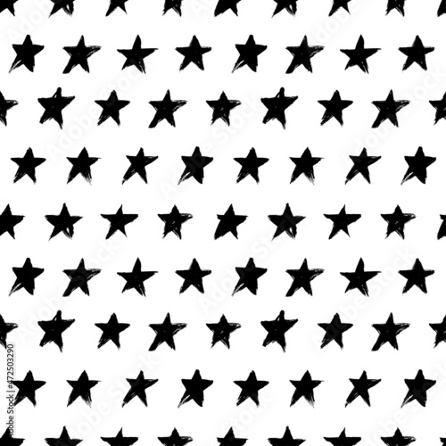 Modern geometric star seamless pattern. Hand drawn black and white abstract vector texture with regular stars. Brush strokes texture with rough edges. Black ink Scandinavian grunge ornament. 