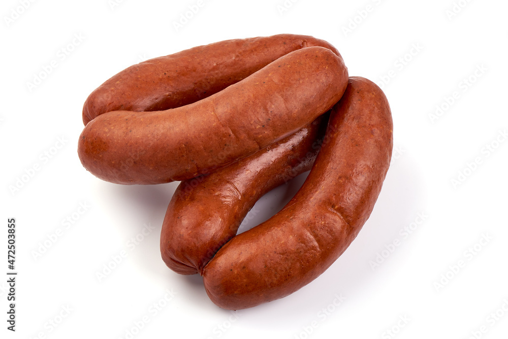 Smoked German sausages, isolated on white background. Smoked German sausages, isolated on white background.