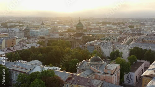 Russia, St. Petersburg, summer 2021: Sunset in historical city center St. Peterburg, aerial view. Kazan Cathedral