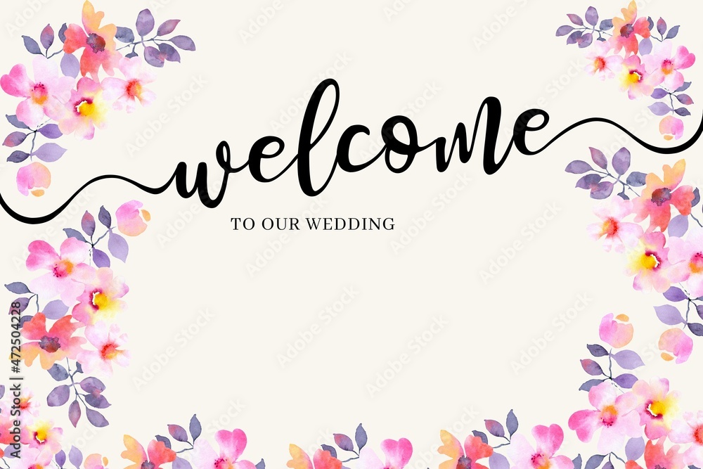 Background for decoration for wedding with welcome text. flower decoration blue