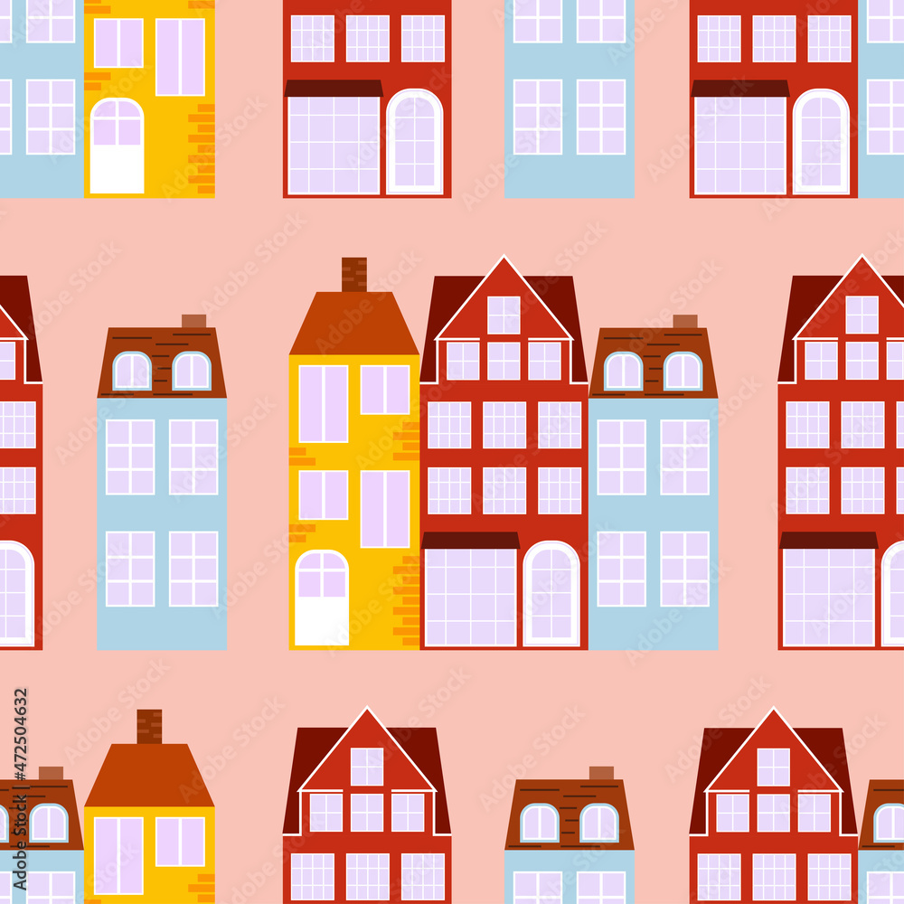 Seamless pattern with facade scandinavian houses. City architecture in Nordic style. Retro design for print on fabric, wrapping paper, wallpaper, packing. Vector illustration