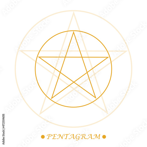 Pentagram sign. Five-pointed star. Protective amulet for witches. Symbol witch in gold color on white background. Line art. Esoteric, sacred geometry, witchcraft. Vector illustration