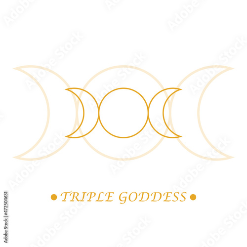 Triple Goddess sign. Hecate. Goddess of the moon. Symbol witch in gold color on white background. Line art. Esoteric, sacred geometry, witchcraft. Isolated pagan vector. Vector illustration