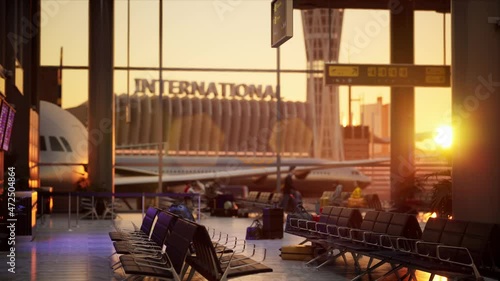 Airport terminal waiting hall with people in sunlight and airplane ready for boarding waiting in the gate. High quality 3d photorealistic render