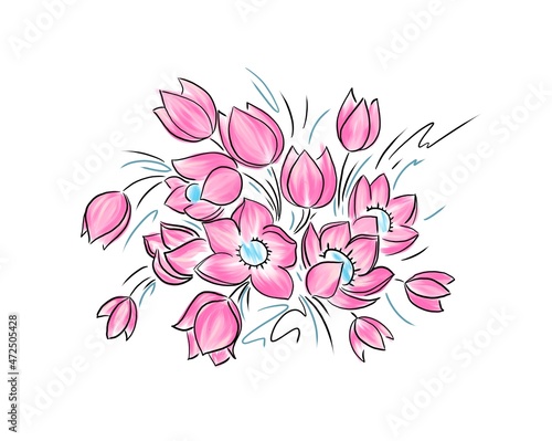 Drawn bouquet of pink flowers isolated on white background