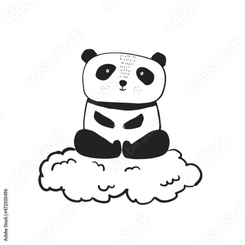 Cute sketch hand drawn black and white panda on cloud illustration. Bright cartoon childish east bear for kids print design, textile decoration, greeting cards, stickers, logo