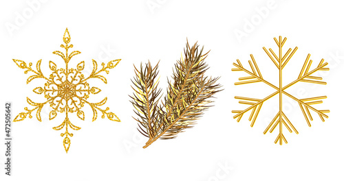 Abstract Christmas design with decoration gold shiny snowflakes and gold fir branches. Top view composition. Xmas and New Year background for posters, headers, seasonal wallpaper, banner. Vector