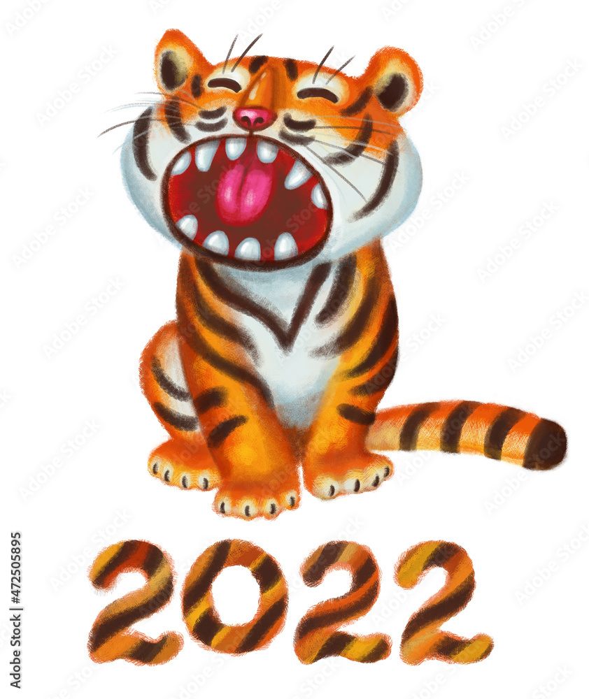 Fototapeta premium An angry cute little tiger cub is a symbol of the year 2022 according to the Chinese horoscope. The tiger cub growls and shows that he is a predator. Inscription: the number 2022. New Year's card