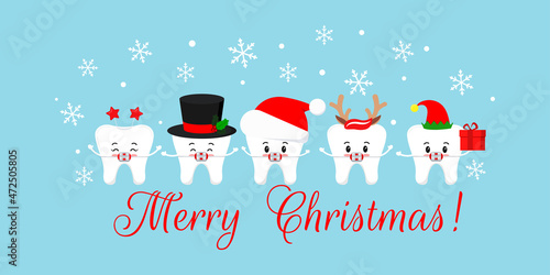 Christmas teeth in braces with xmas accessories on dentist greeting card. Cute xmas winter tooth in brackets in santa hat elf cap deer horns and snowman cylinder. Flat cartoon vector illustration.
