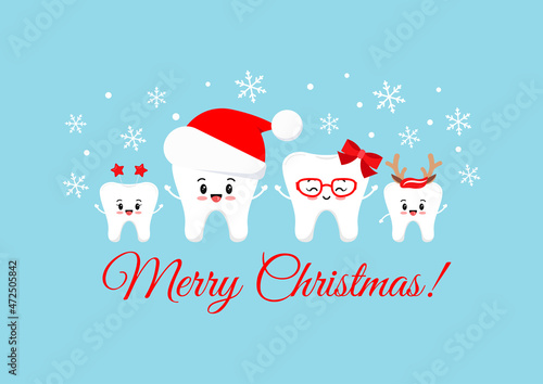 Christmas teeth family with xmas accessories on dentist greeting card. Cute white winter smiling emoji faces teeth family - mum, dad, son, daughter. Flat design cartoon xmas vector illustration