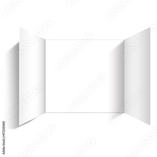 Christmas advent calendar door opening mockup. Realistic an open wide doors on white background. Template to reveal a message. Merry Christmas poster concept. Festive vector illustration