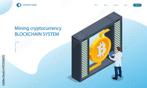 Isometric Cryptomining farm concept. Cryptocurrency Mining Equipment. Mining cryptocurrency Coin Using GPU Card
