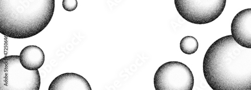 Dotwork spheres of grain balls background. Black noise dots 3D soap bubbles. Sand grain effect ball shape. Abstract noise dot object. Halftone dots geometric bubbles elements. Dotted spheres vector