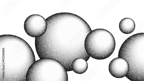 Dotwork grain balls background. Black noise dots 3D spheres. Sand grain effect ball shape. Abstract noise dot object. Halftone dots geometric bubbles elements. Dotted spheres vector banner.