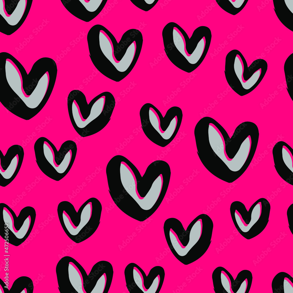 Love seamless pattern. Funky print with hearts and different doodle elements, trendy painted style texture.Funny wallpaper for textile and fabric.Fashion style apparel design Love seamless pattern. Funky print with hearts and different doodle elements, trendy painted style texture.Funny wallpaper for textile and fabric.Fashion style apparel design