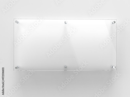 Blank wide transparent glass office corporate Signage plate Mock Up Template, Clear Printing Board For Branding, Logo. Transparent acrylic advertising signboard proportion 1 : 2 mockup front view. 