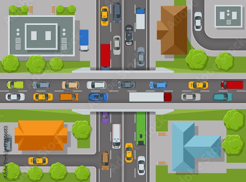 City top view. Cars, roads, houses, streets top view. View town infrastructure. Streets, houses, buildings, roads, crossroads, trees, cars.