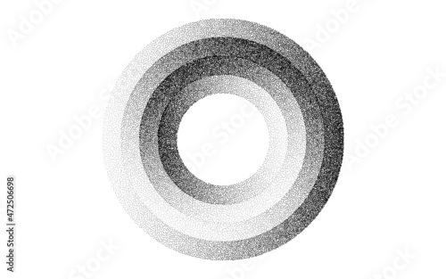 Circle frames grain pattern background. Black noise dots rings. Sand grain effect. Dots grunge banner. Abstract noise dotwork pattern. Stipple circles texture. Dotted frame vector
