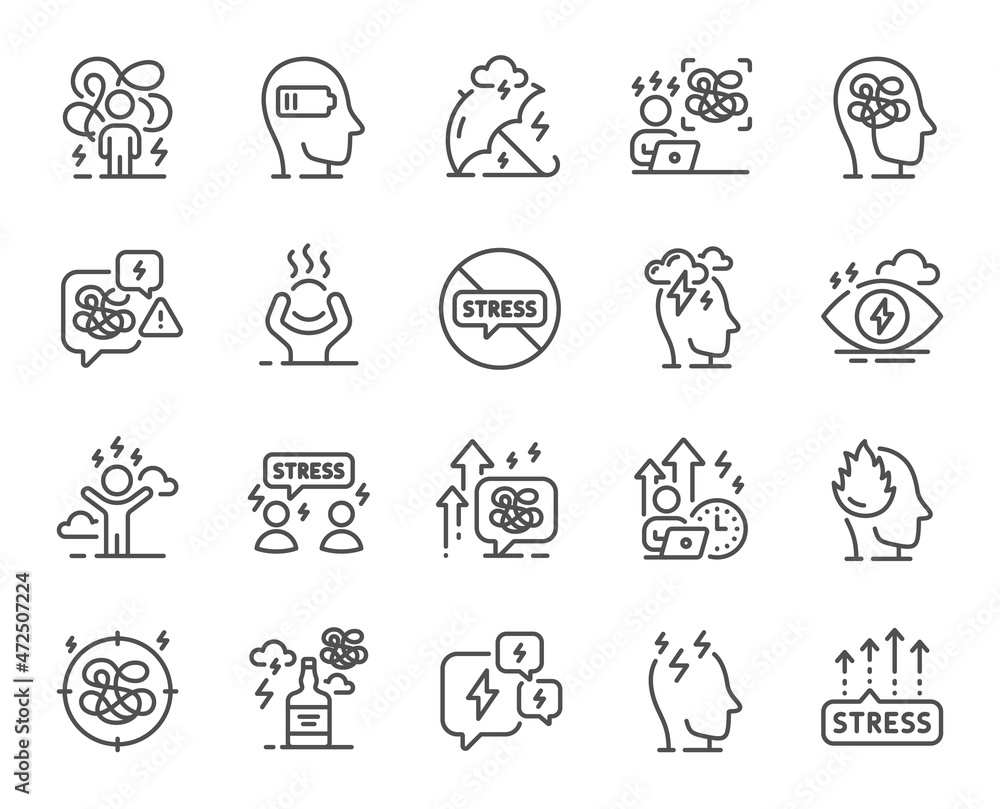 Stress line icons. Mental health, depression and confusion thoughts. Frustrated man, negative mood, panic fear outline icons. Stress pressure and psychology mental problems. Bad depression. Vector