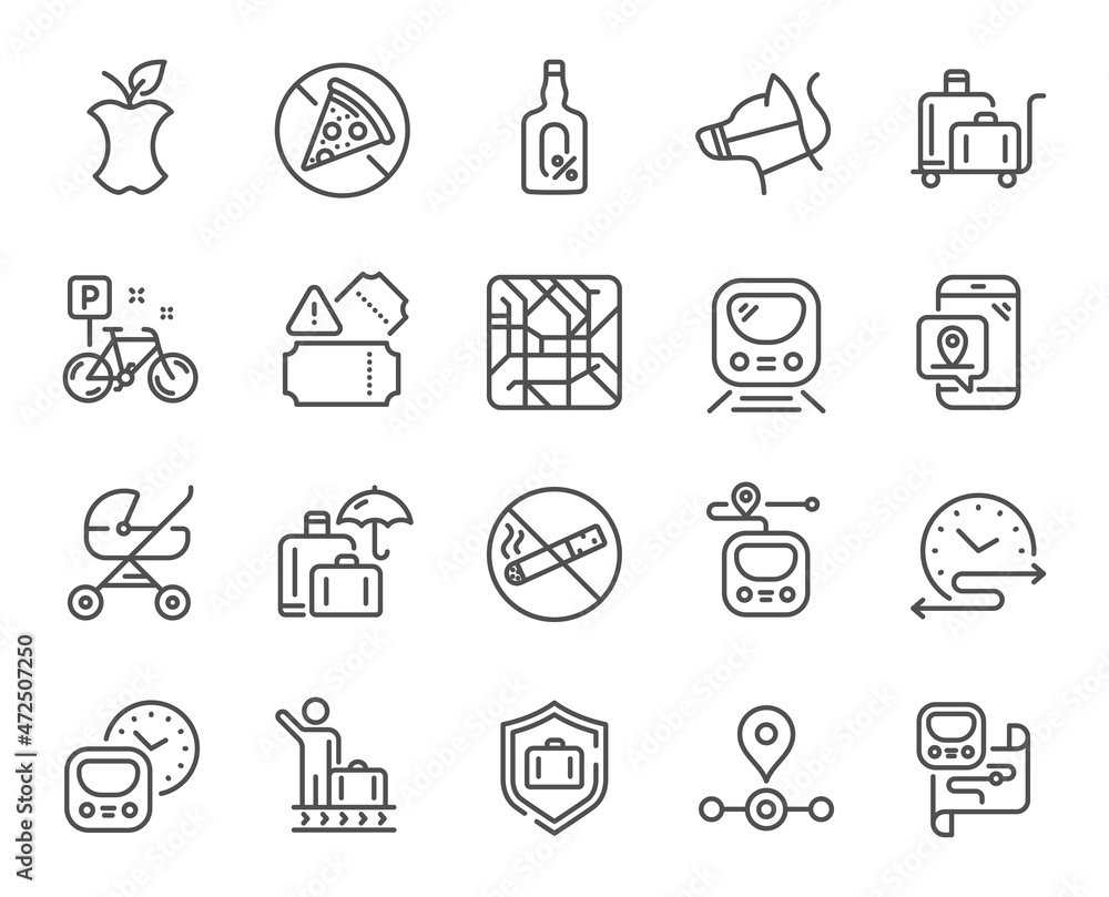 Underground line icons. Subway map, Station location, Metro rules. Dog on leash, Apple core, No smoking outline icons. Underground tickets, No alcohol drink, food at metro. Baby carriage place. Vector Underground line icons. Subway map, Station location, Metro rules. Dog on leash, Apple core, No smoking outline icons. Underground tickets, No alcohol drink, food at metro. Baby carriage place. Vector