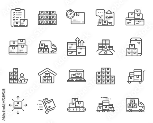 Inventory line icons. Warehouse manager, Wholesale stock, Goods checklist. Delivery logistic, Box shelf, Warehouse distribution outline icons. Wholesale freight, Storage and Inventory operator. Vector