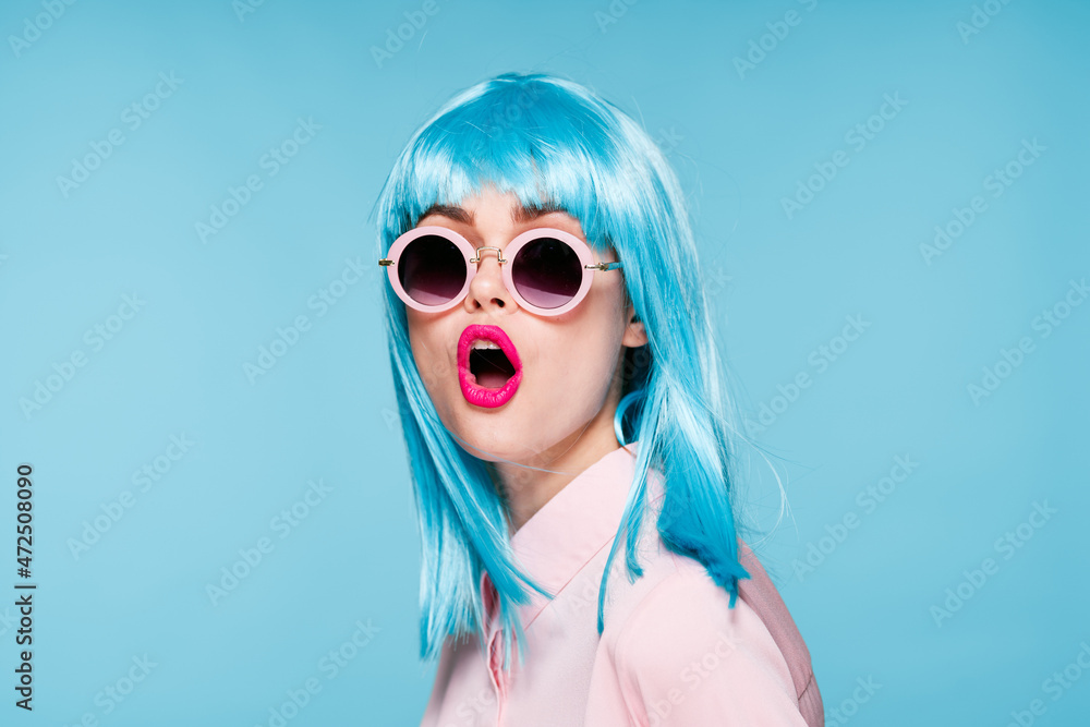 beautiful woman in blue wig sunglasses Glamor fashion beautiful woman in blue wig sunglasses Glamor fashion