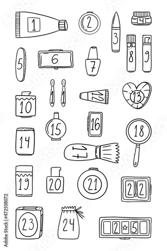 Hand drawn beauty advent calendar symbols. Makeup advent calendar illustration. 
