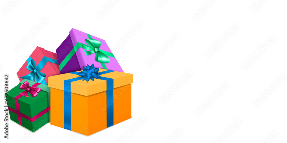 Obraz premium Vector illustration with bunch of colored gift boxes with ribbons and bows on white background