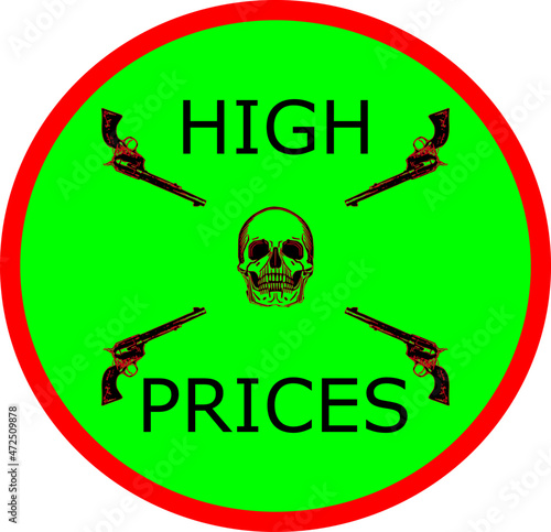 high price illustration on green background. rising prices on the world market, four pistols pointed at the skeleton's head as a sign of helplessness