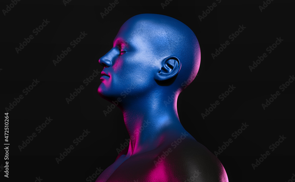 Profile of a man with eyes closed and tears streaming down his face, dark background. Two colors of light. 3D illustration. Profile of a man with eyes closed and tears streaming down his face, dark background. Two colors of light. 3D illustration.