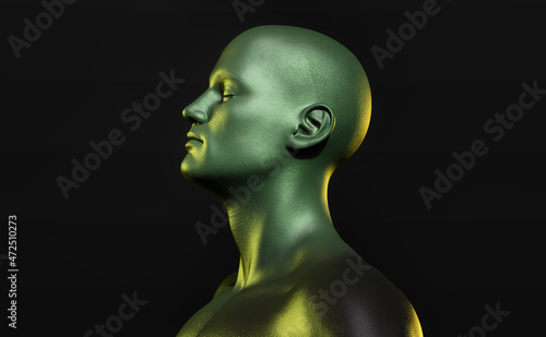 Profile of a man with eyes closed and tears streaming down his face, dark background. Two colors of light. 3D illustration.
