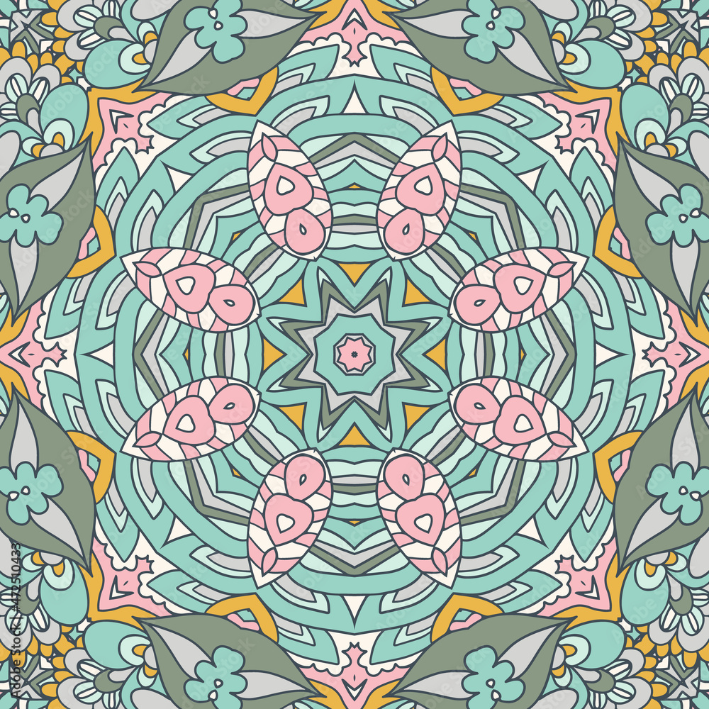 Naklejka premium Boho pattern. Indian mandala print. Vector medallion folk art style design in pastel colors