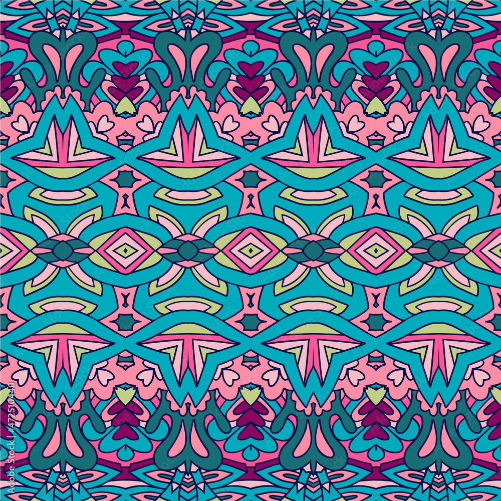 Vector seamless pattern ethnic tribal geometry psychedelic colorful fabric print