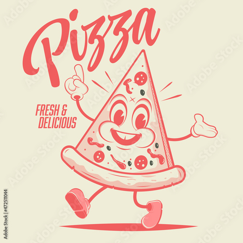 funny walking cartoon pizza in retro style