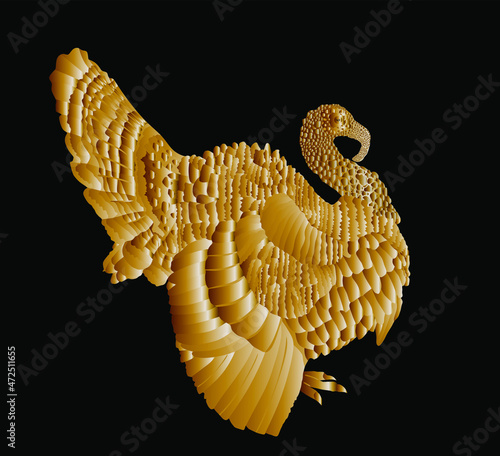 Wild gold turkey vector silhouette illustration isolated on black background. Meleagris gallopavo. Male golden turkey bird symbol. luxury bird decor.