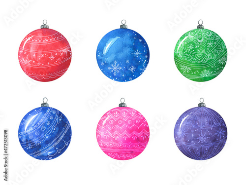 Christmas balls set  illustration of  watercolor hand painted on white background isolated