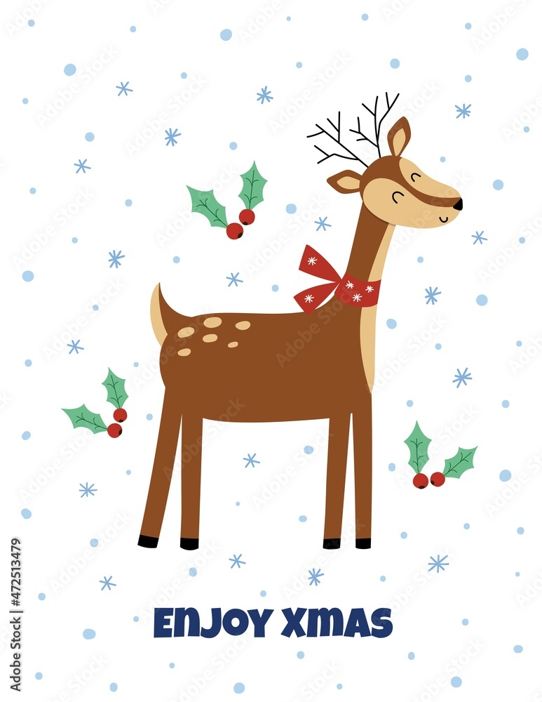 Enjoy Xmas greeting card with a cute reindeer. Christmas print with funny deer, us letter format 8.5x11. Vector illustration Enjoy Xmas greeting card with a cute reindeer. Christmas print with funny deer, us letter format 8.5x11. Vector illustration
