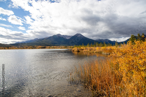 view of lake and mountains on an autumn day