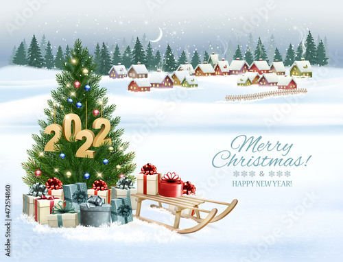 Holiday Christmas and Happy New Year background with a winter village and  christmas tree, winter sledge and colorful presents. Vector.